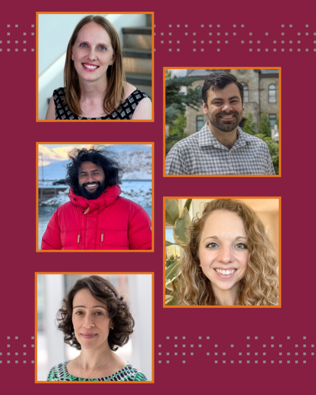 A maroon background with grey dot accents, with individual photos of each scholar in squares outlined with orange.