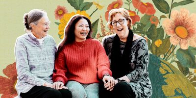 An illustration showing Anu Rai with mentors Patty Raun and Carrie Kroehler, all smiling warmly. Behind them are artful flowers and a globe